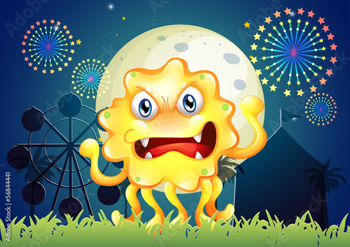 A carnival with a scary yellow monster