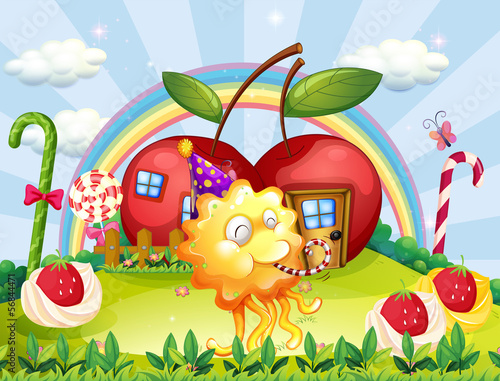 Apple houses at the hilltop at the back of the playful monster
