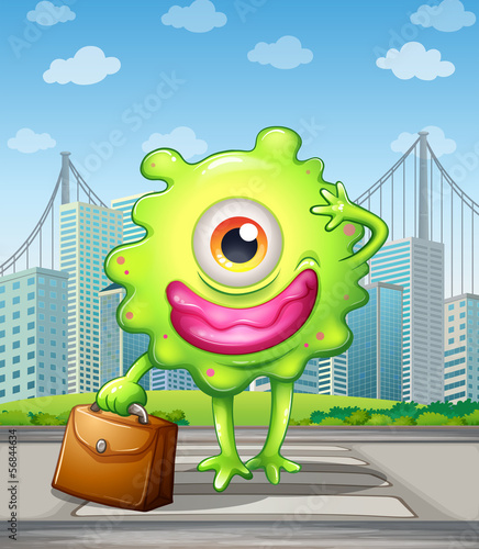 A monster with a bag crossing the street