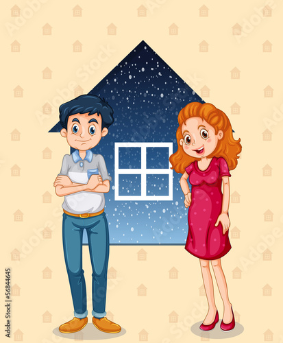 A mother and a father in front of the house