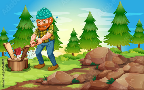 A woodman chopping the woods near the rocks