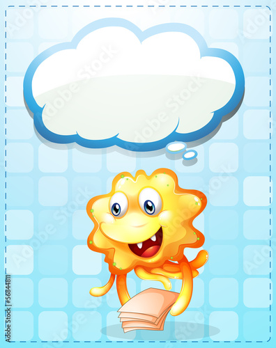 A happy orange monster with papers and an empty cloud template