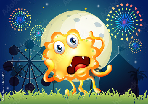 A carnival with a shocked orange monster