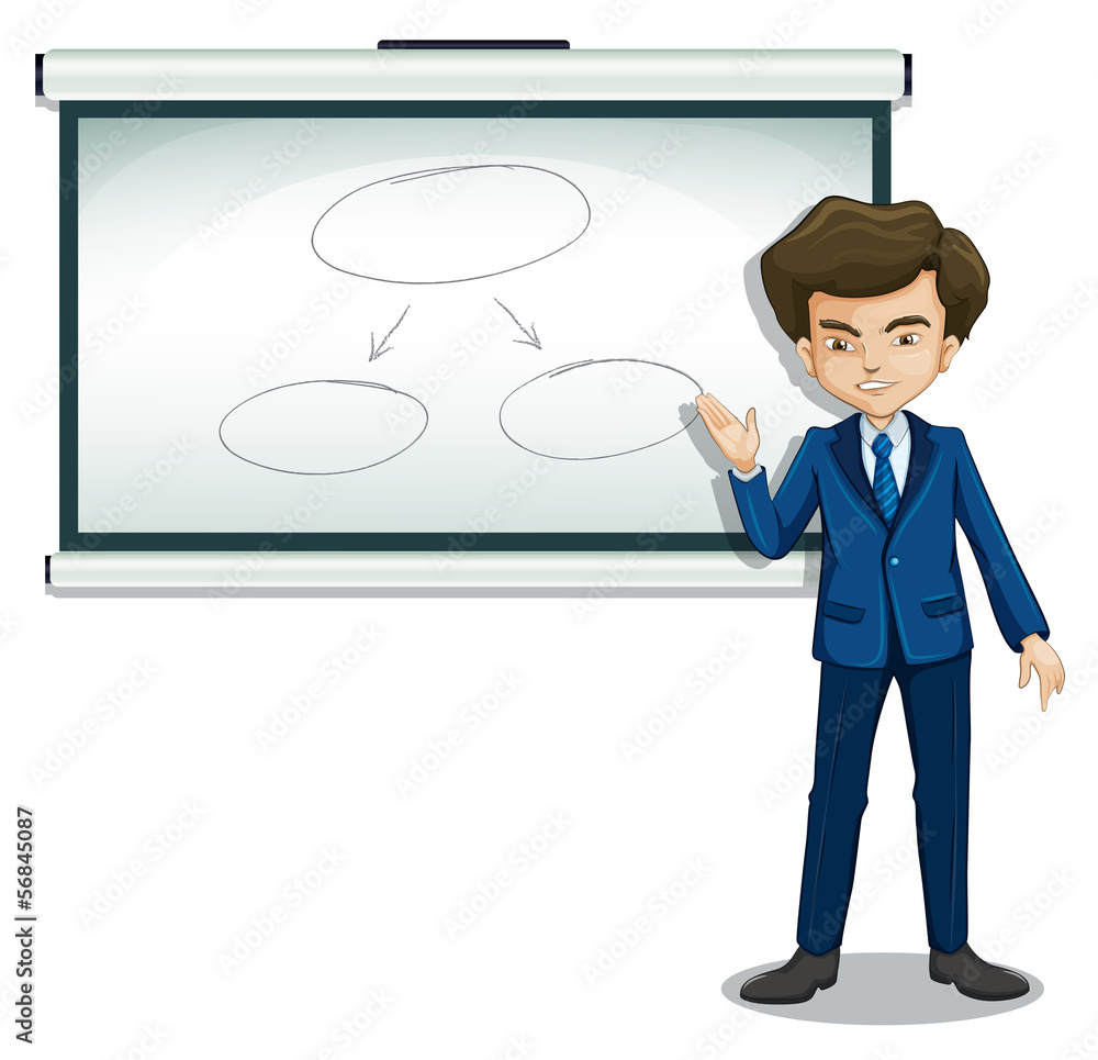A man discussing the flowchart in the bulletin board A man discussing the flowchart in the bulletin board