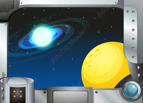 A metal frame border with a moon and a planet