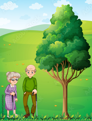 Two grandparents at the hill near the tree