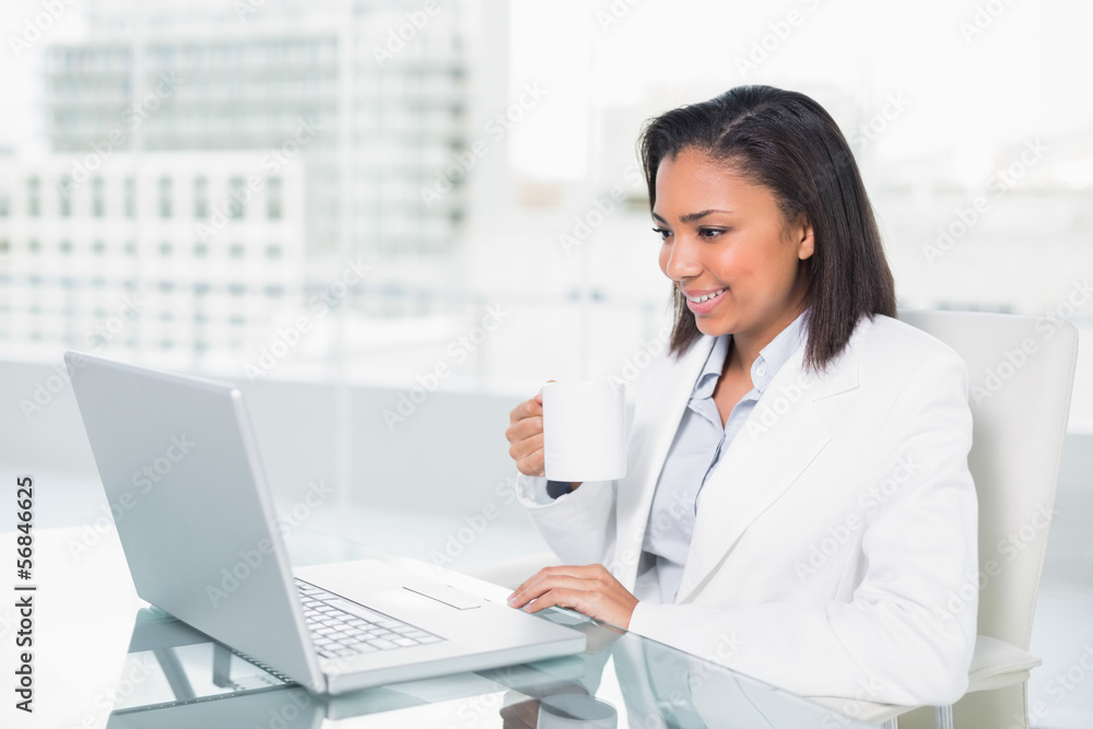 Pleased young dark haired businesswoman using a laptop Pleased young dark haired businesswoman using a laptop