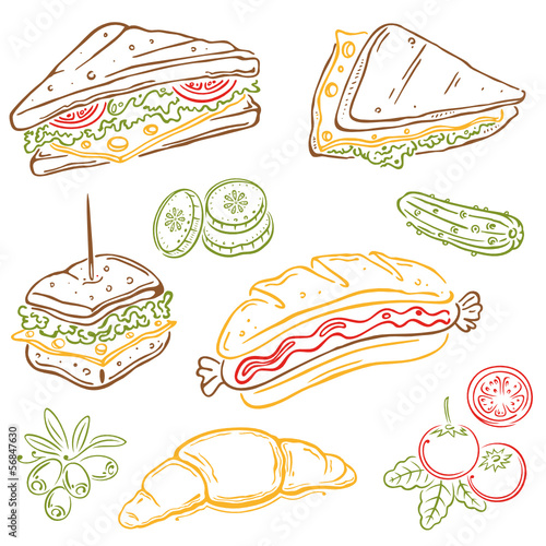 Vektor Set mit fast food. Frühstück, Sandwich, Hotdog und Gemüse.