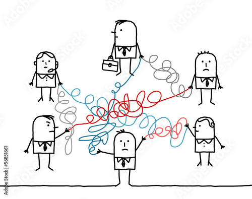 business people connected by tangled strings