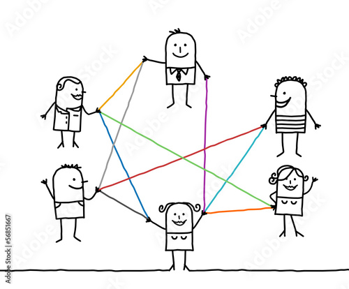 group of people connected by color lines