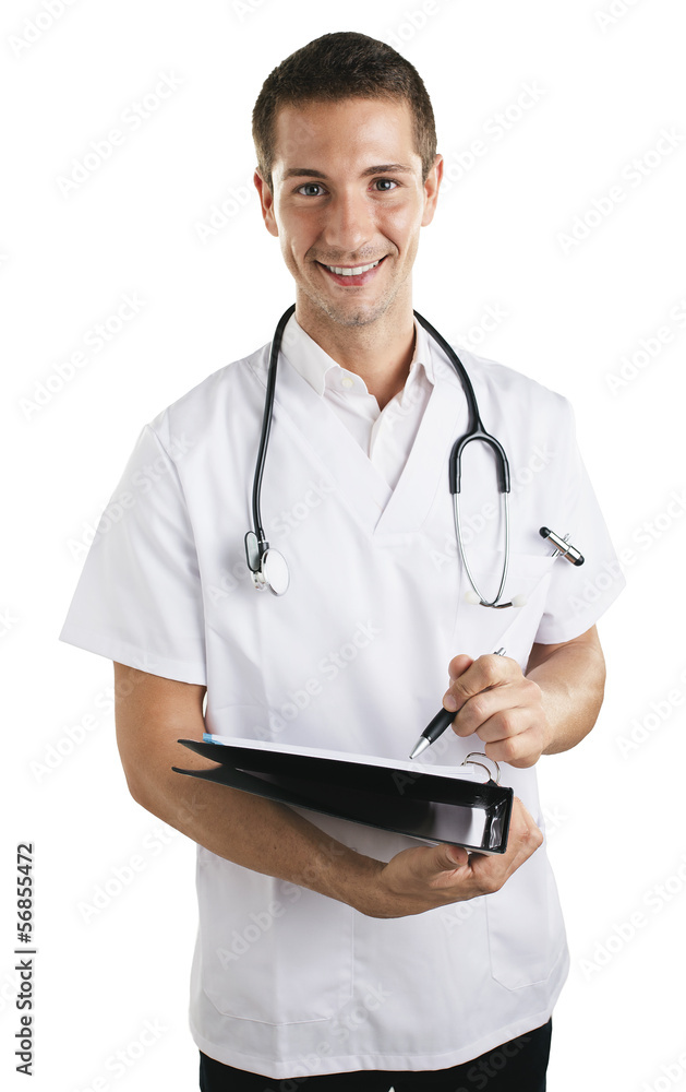 Young medical doctor man with stethoscope writting on notebook. Young medical doctor man with stethoscope writting on notebook.