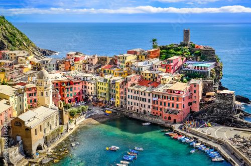 Scenic view of ocean and harbor in colorful village Vernazza #56857806