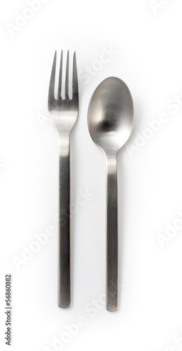 stainless steel fork and spoon isolated on a white background