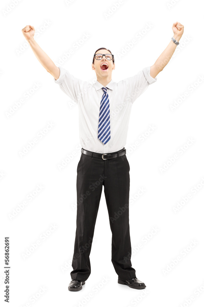 Excited male with raised hands gesturing happiness Excited male with raised hands gesturing happiness