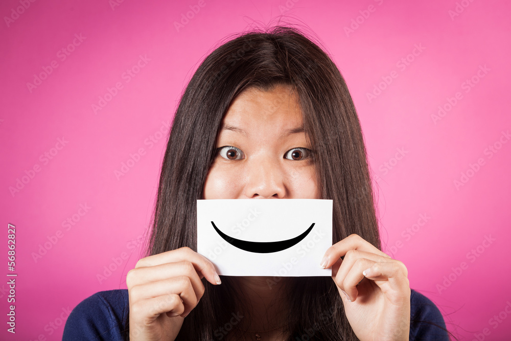 Chinese Woman Holding Smiling Emoticon Chinese Woman Holding Smiling Emoticon