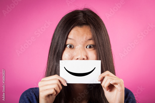 Chinese Woman Holding Smiling Emoticon