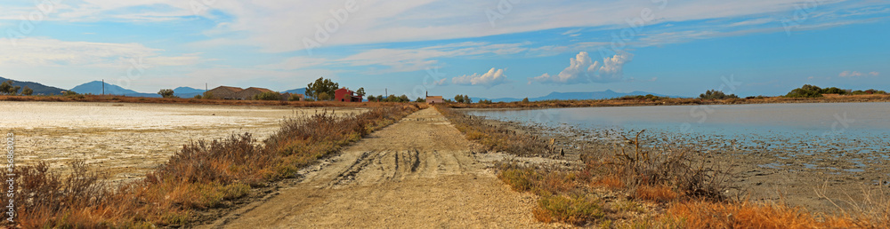Panoramic shot of dirt road in salt flats with blue cloudy sky.