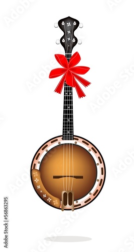 Beautiful Brown Banjo with Red Ribbon