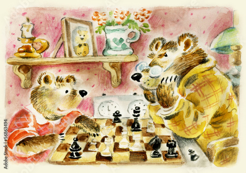 Teddy bears daddy and son playing chess