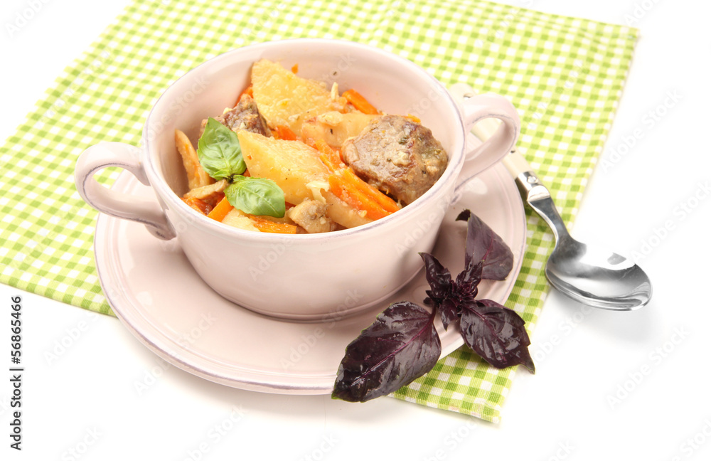 Homemade beef stir fry with vegetables in color bowl, isolated Homemade beef stir fry with vegetables in color bowl, isolated