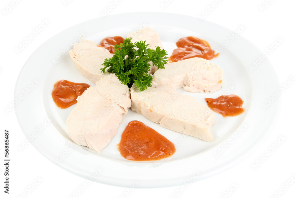 Boiled chicken meat, isolated on white