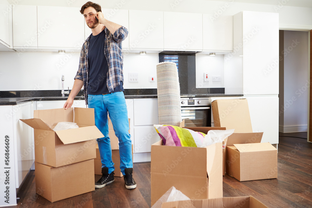 Man Moving Into New Home Talking On Mobile Phone Man Moving Into New Home Talking On Mobile Phone