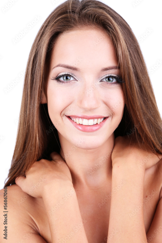 Beautiful girl with gentle makeup and glowing skin close-up Beautiful girl with gentle makeup and glowing skin close-up