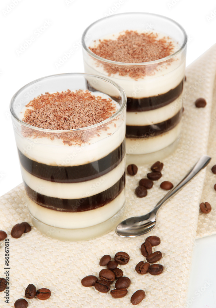Tasty jelly coffee with milk on table on white background Tasty jelly coffee with milk on table on white background