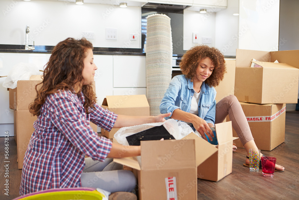 Two Women Moving Into New Home And Unpacking Boxes Two Women Moving Into New Home And Unpacking Boxes