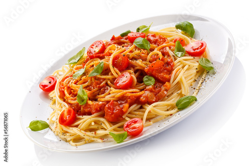 Pasta with meat, tomato sauce, parmesan and vegetables
