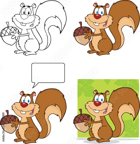 Cute Squirrel Character Holding A Acorn. Collection Set