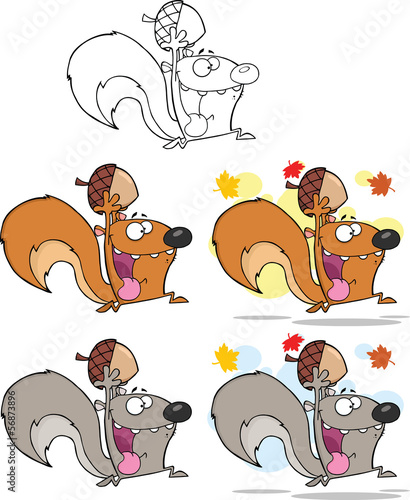 Crazy Squirrel Characters Running With Acorn. Collection Set