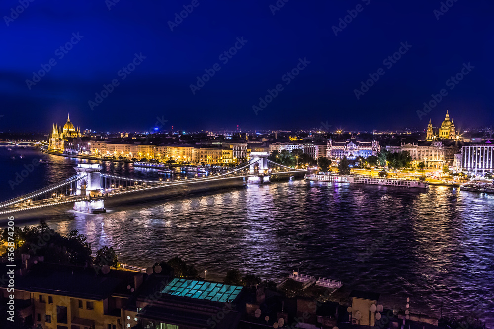  Budapest at evening,  Chain Bridge and Parliament Building.