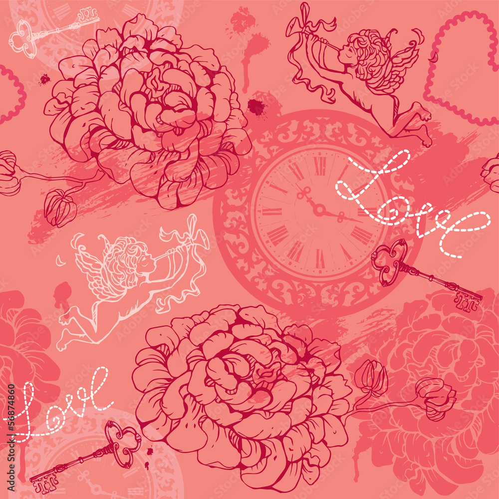 Valentines Day seamless pattern with hand drawn Cupid, flowers,