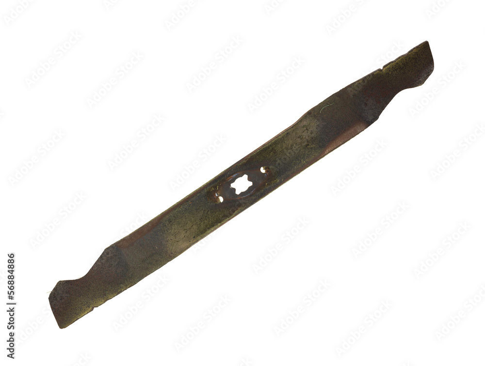 A used lawn mower blade on a white background. A used lawn mower blade on a white background.