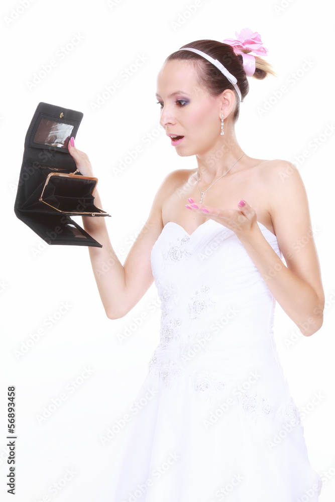 Wedding expense concept. Bride with empty purse Wedding expense concept. Bride with empty purse