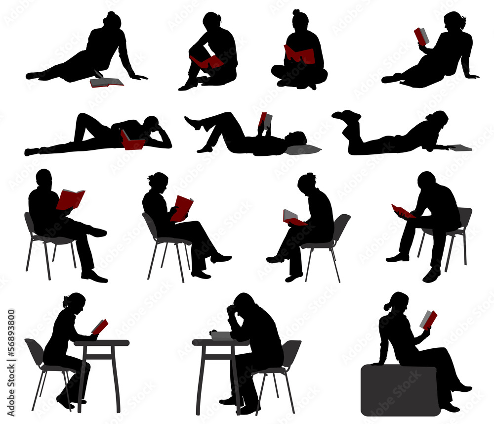 Naklejka premium silhouettes of people reading books - vector