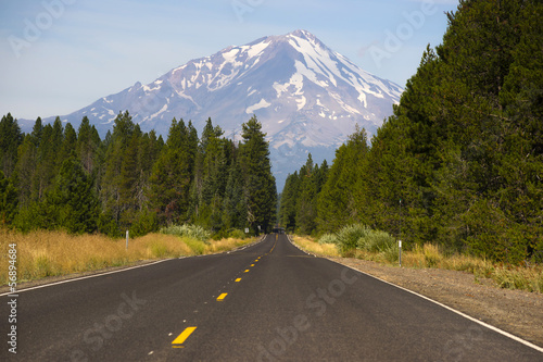 California Highway Heads Toward Mountain Landscape Mt Shasta CA