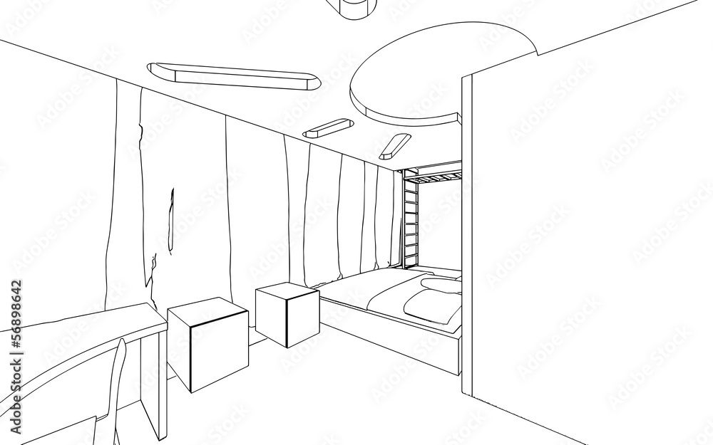  illustration of an outline sketch of a interior. 3D Graphical d
