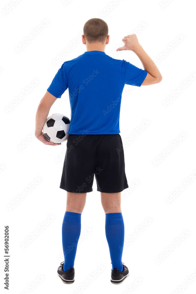 soccer player in blue uniform showing on her back isolated on wh