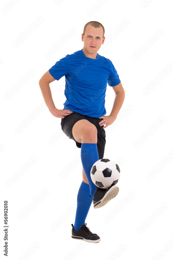 soccer player in blue uniform making trick with ball isolated on