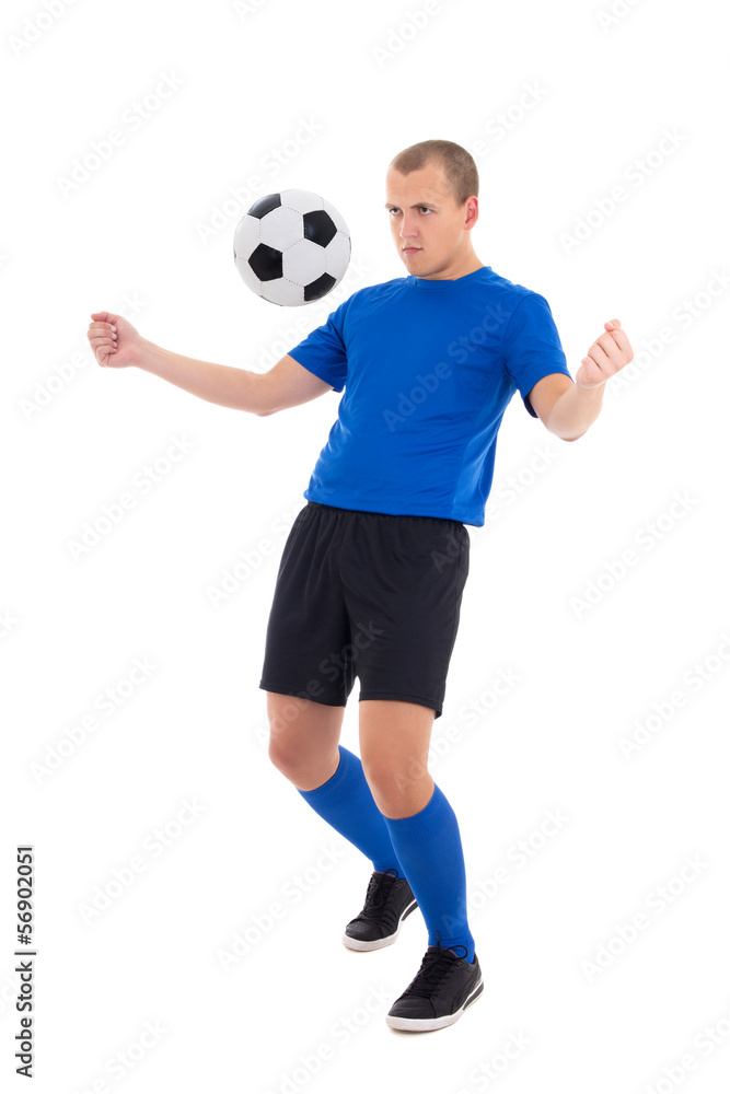 soccer player in blue stop the ball with his chest isolated on w
