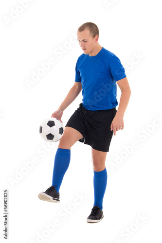 soccer player in blue uniform playing with ball on white backgro © Di Studio