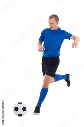soccer player in blue kicking leather ball isolated on white © Di Studio