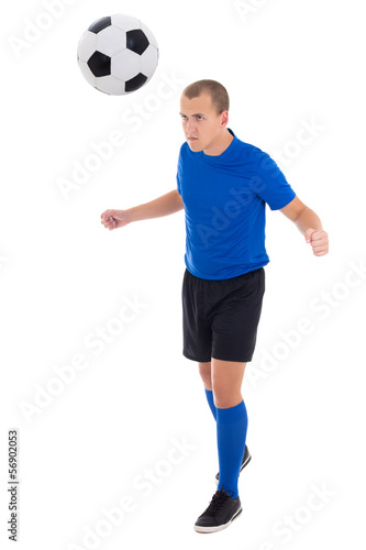 soccer player in blue kicking the ball by head isolated on white