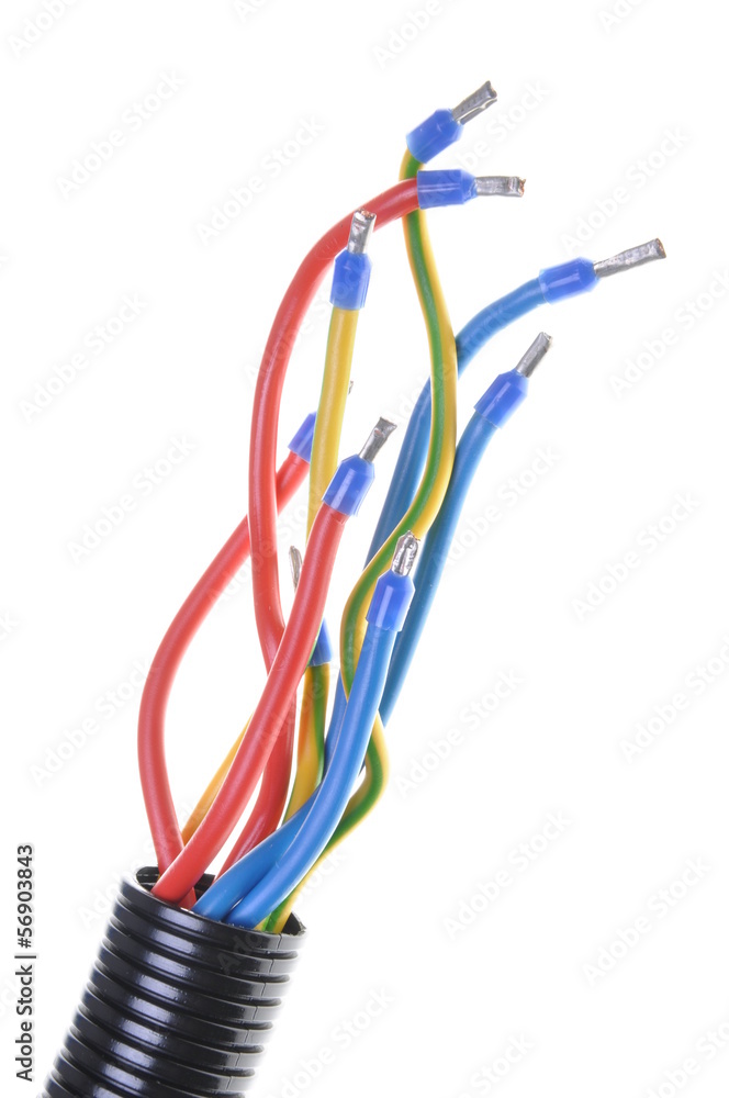 Corrugated pipe with cables isolated on white background Corrugated pipe with cables isolated on white background