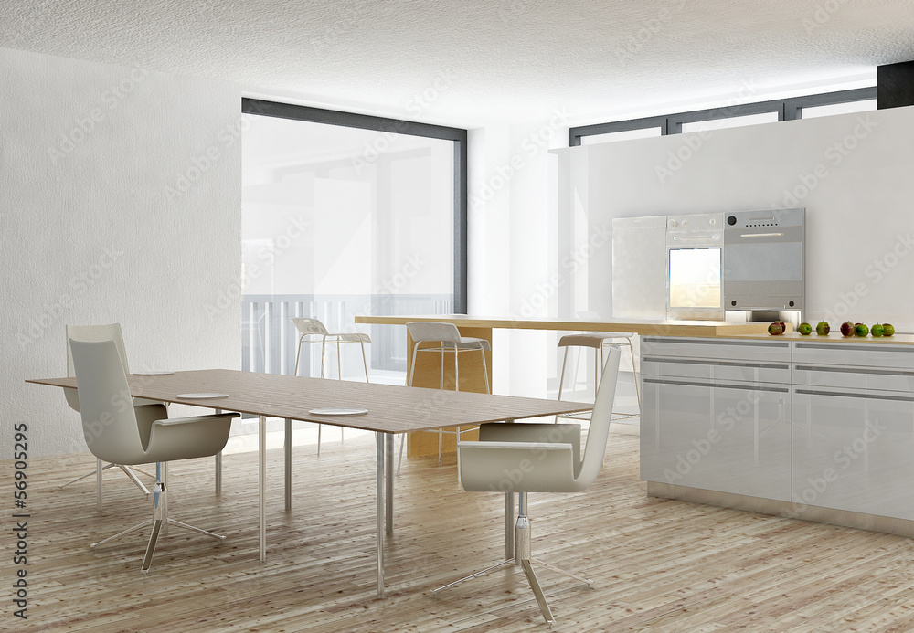 Modern white kitchen interior with wooden floor Modern white kitchen interior with wooden floor
