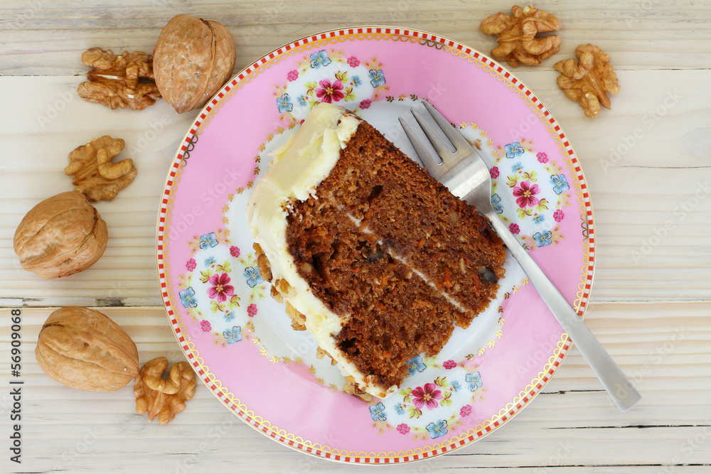 Fotografie Carrot and walnut cake with marzipan icing