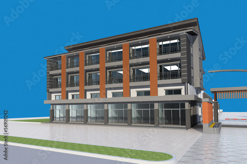 3D render of modern building with blue background 