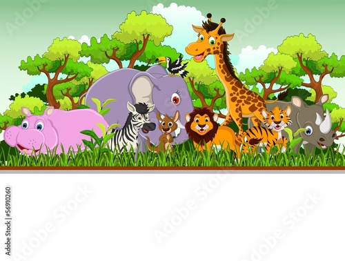 cute animal cartoon with forest background